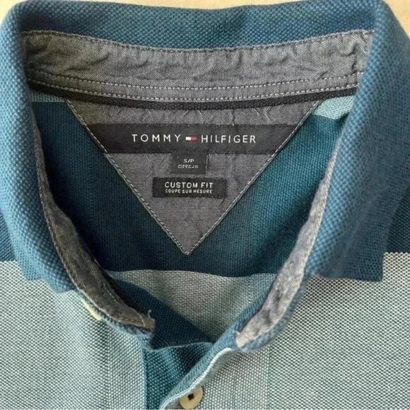 Tommy Hilfiger Mens Polo Shirt Custom Fit Short Sleeves Teal Green Stripes Small - Picture 8 of 13
